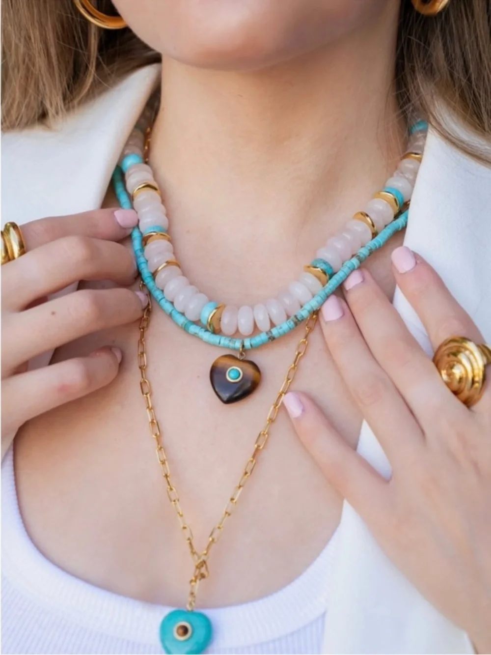 Turquoise Beaded Necklace with Tiger Eye Heart Pendant | 24K Gold Plated - Picture 5 of 6